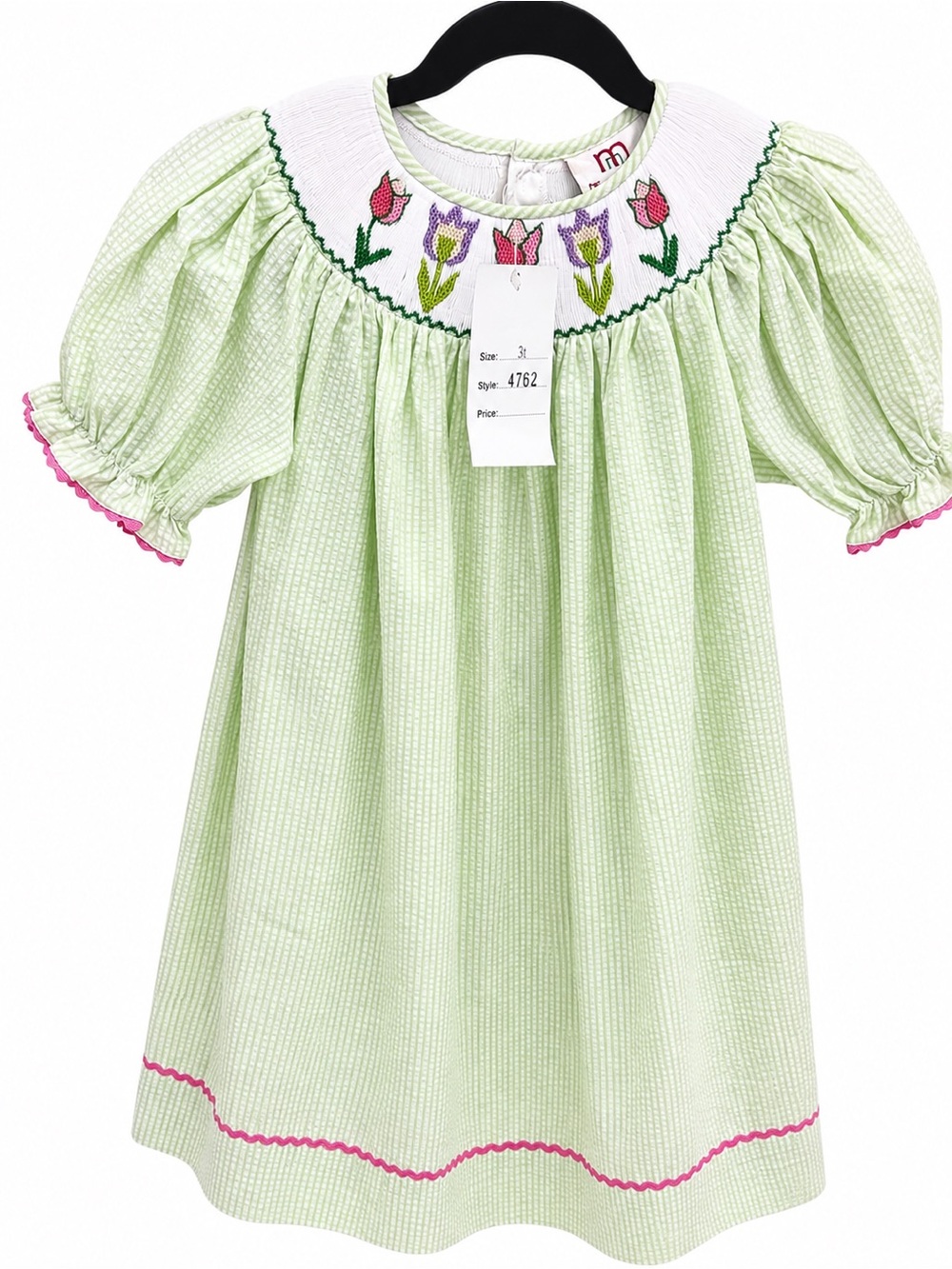 Girls 3T- Light Green Smocked Dress with Tulip Embroidery